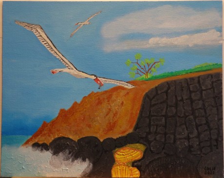 Ptáci rodu Pelagornis nad čedičovým útesem miocenního moře, akryl na plátně 40x50 cm, A. Uhlíř 2023.